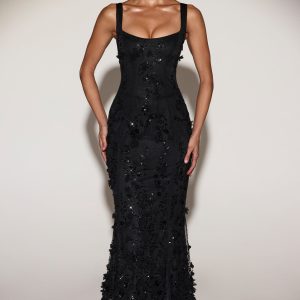 Embellished Appliqué Soft-Scoop Corset Gown in Black - Image 4