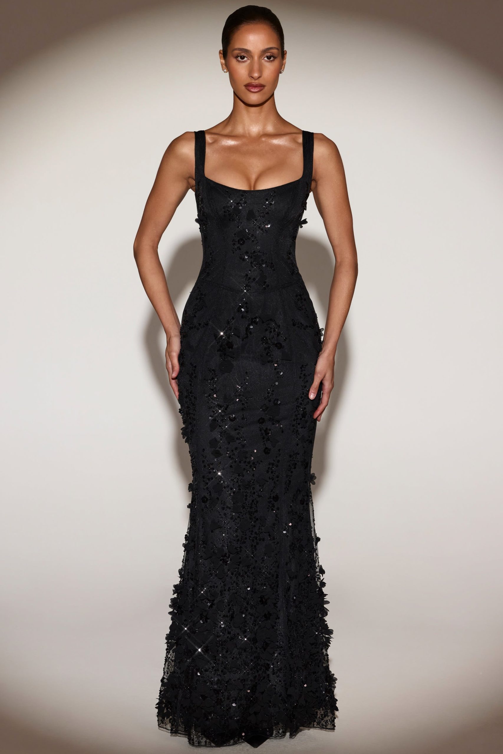 Embellished Appliqué Soft-Scoop Corset Gown in Black - Image 4