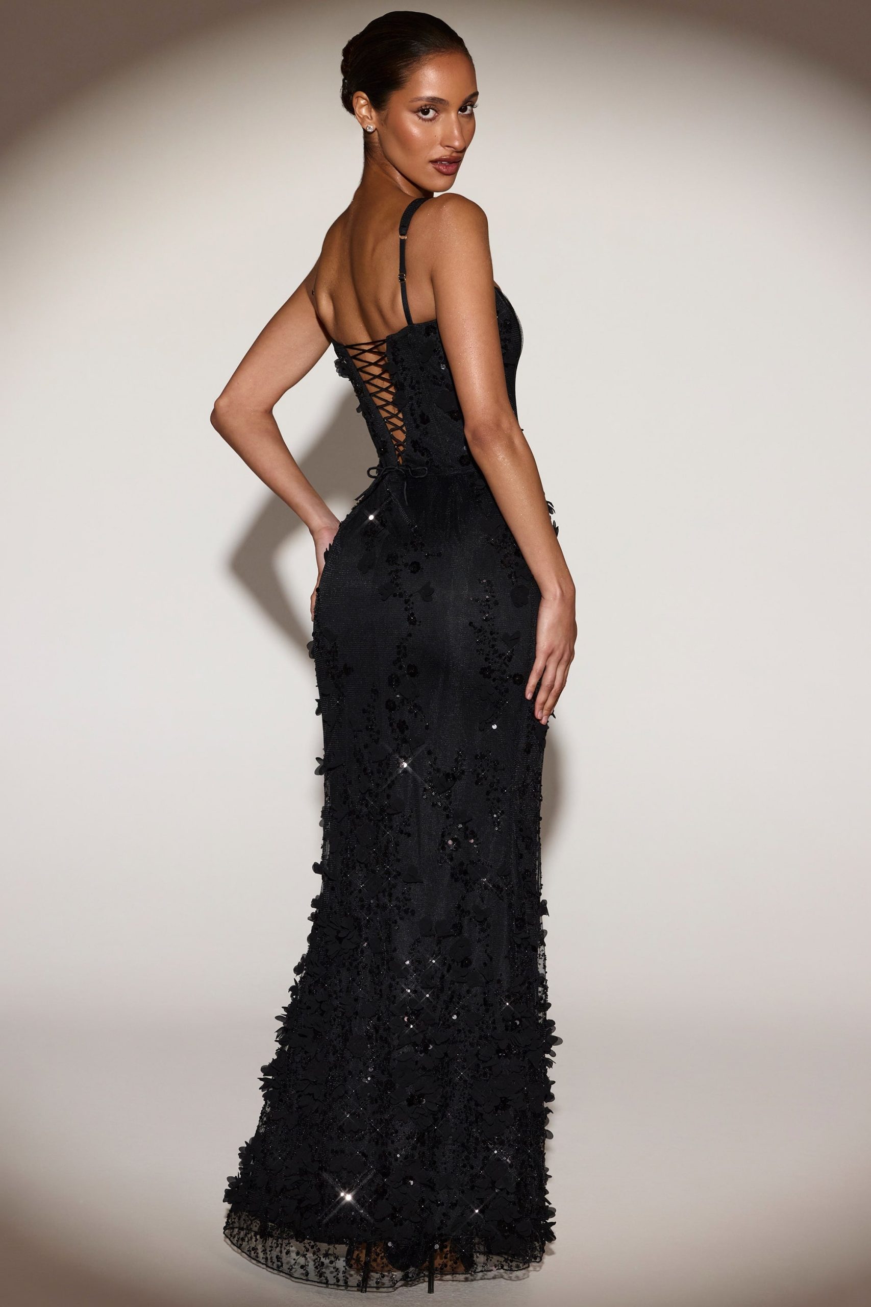 Embellished Appliqué Soft-Scoop Corset Gown in Black - Image 5