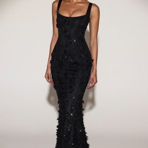 Embellished Appliqué Soft-Scoop Corset Gown in Black - Image 7