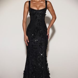 Embellished Appliqué Soft-Scoop Corset Gown in Black - Image 1