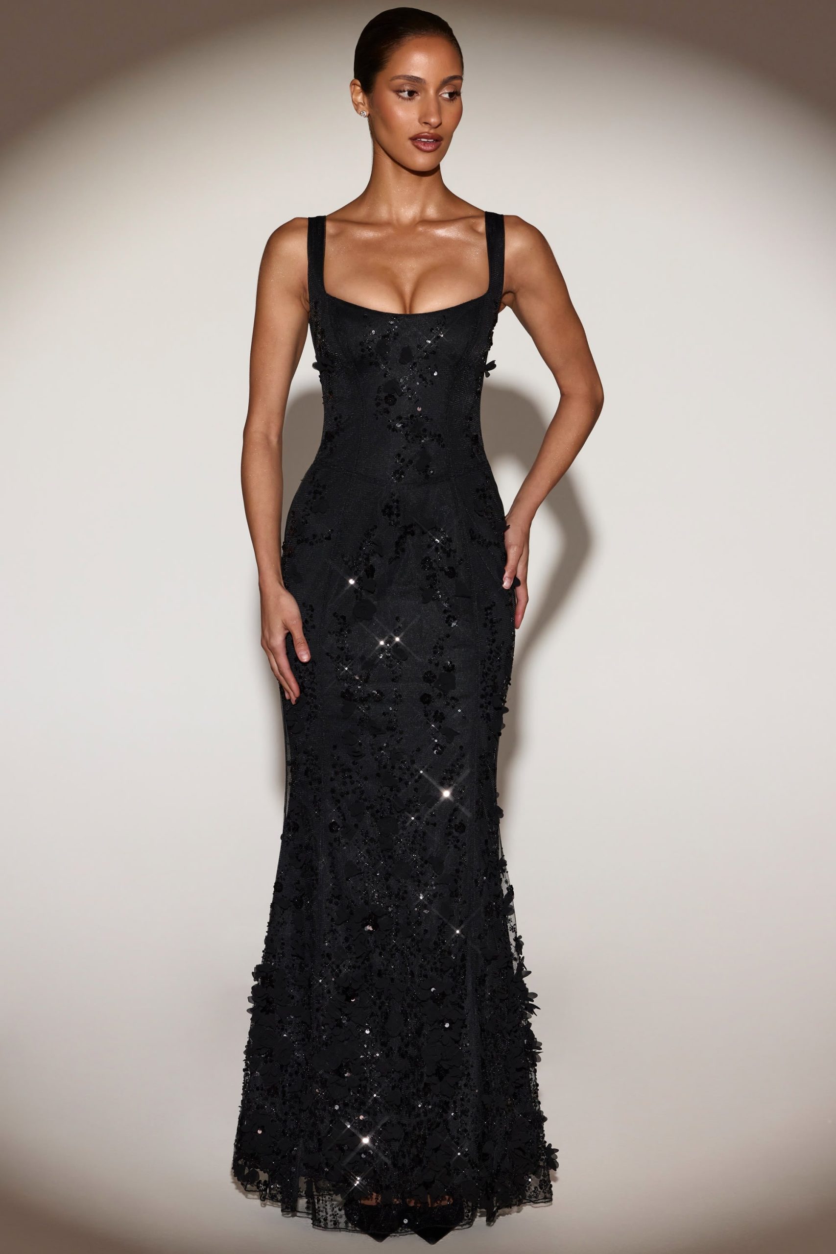 Embellished Appliqué Soft-Scoop Corset Gown in Black - Image 1