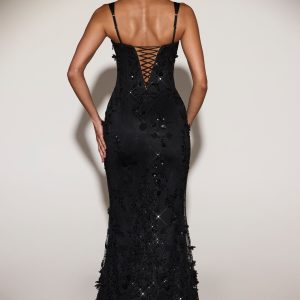 Embellished Appliqué Soft-Scoop Corset Gown in Black - Image 2