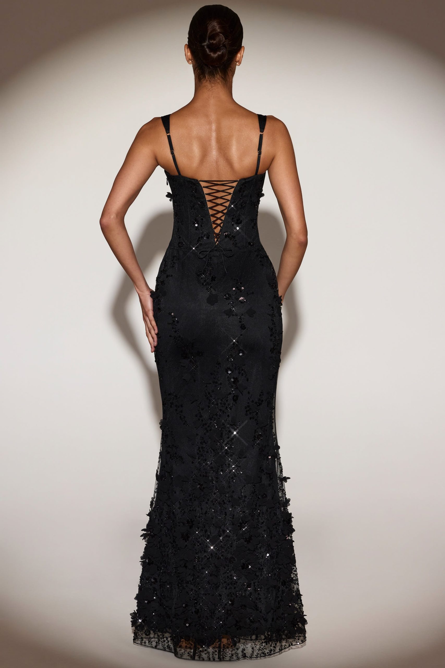 Embellished Appliqué Soft-Scoop Corset Gown in Black - Image 2
