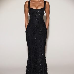 Embellished Appliqué Soft-Scoop Corset Gown in Black - Image 8