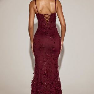 Embellished Appliqué Soft-Scoop Corset Gown in Wine Red - Image 6