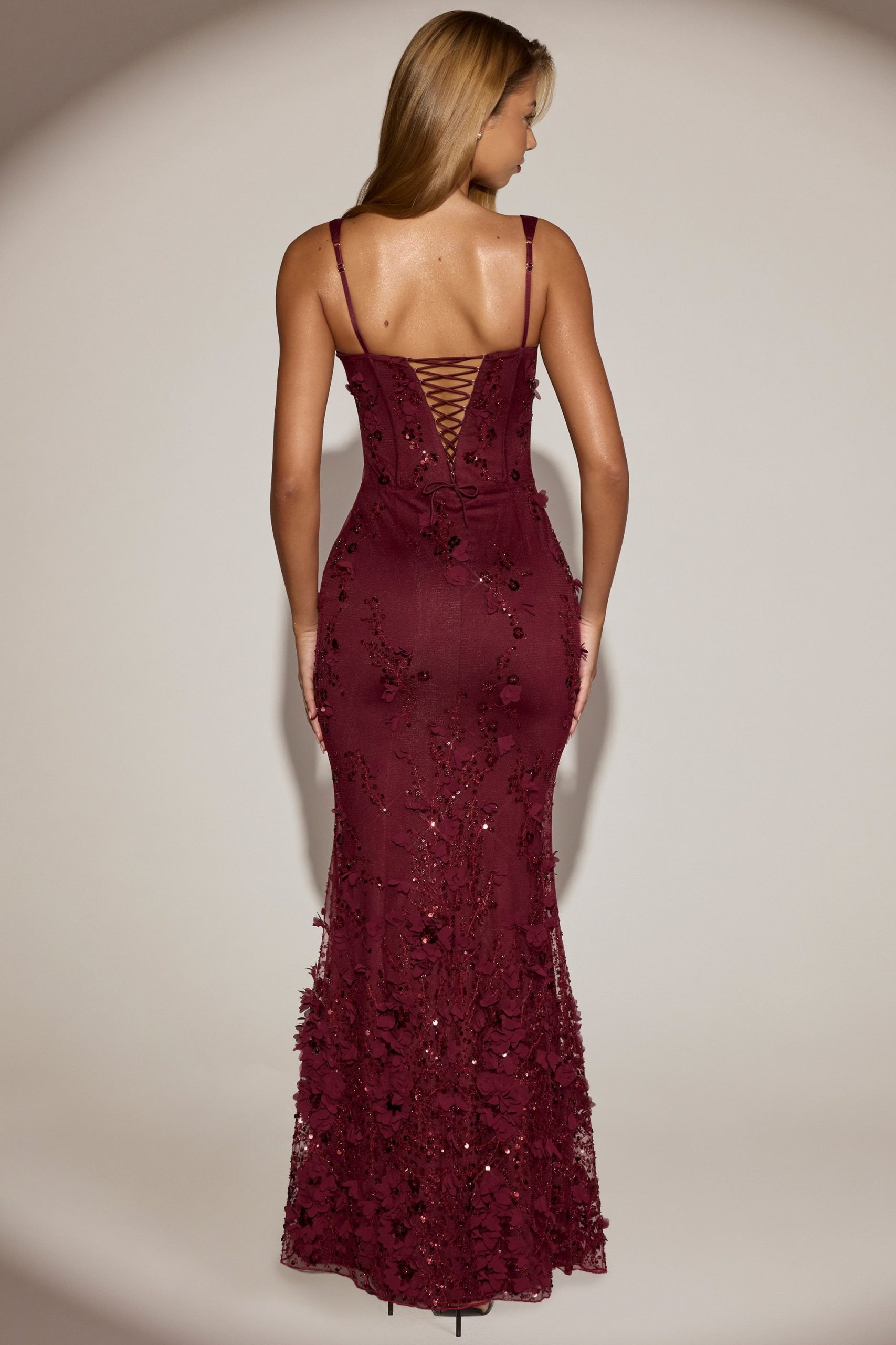 Embellished Appliqué Soft-Scoop Corset Gown in Wine Red - Image 6