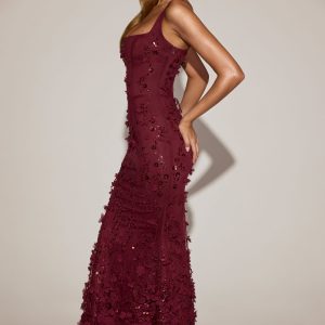 Embellished Appliqué Soft-Scoop Corset Gown in Wine Red - Image 3