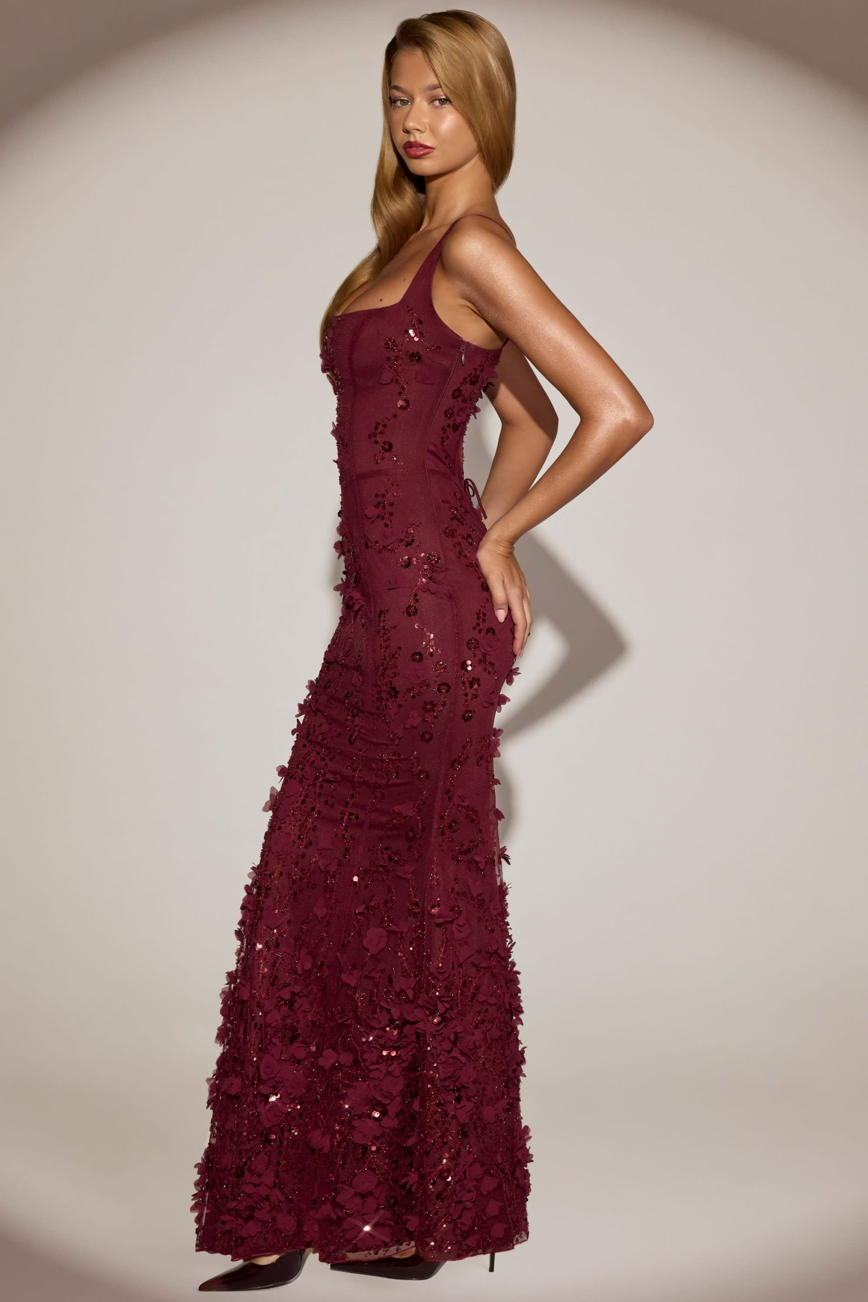 Embellished Appliqué Soft-Scoop Corset Gown in Wine Red - Image 3