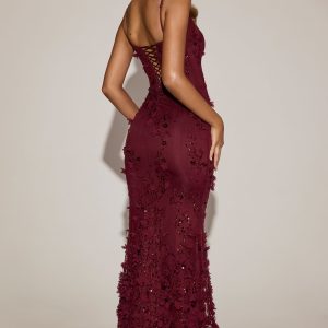 Embellished Appliqué Soft-Scoop Corset Gown in Wine Red - Image 2