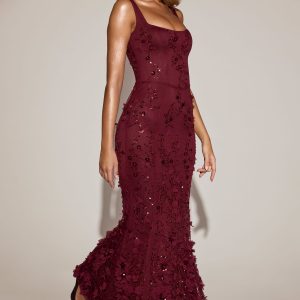 Embellished Appliqué Soft-Scoop Corset Gown in Wine Red - Image 7