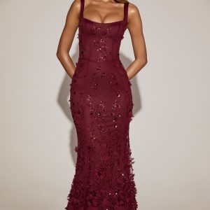 Embellished Appliqué Soft-Scoop Corset Gown in Wine Red - Image 1