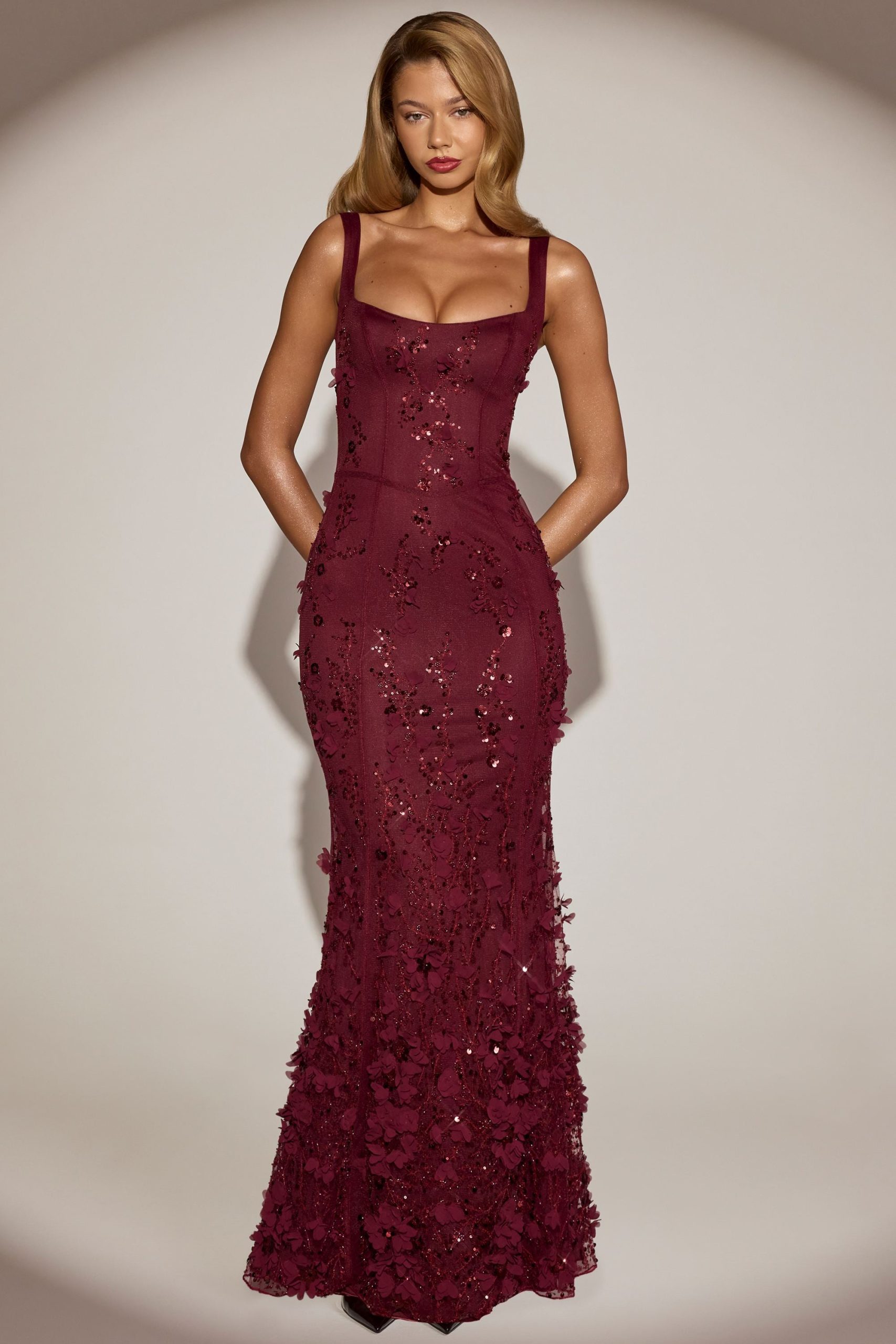Embellished Appliqué Soft-Scoop Corset Gown in Wine Red - Image 1