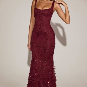 Embellished Appliqué Soft-Scoop Corset Gown in Wine Red - Image 8