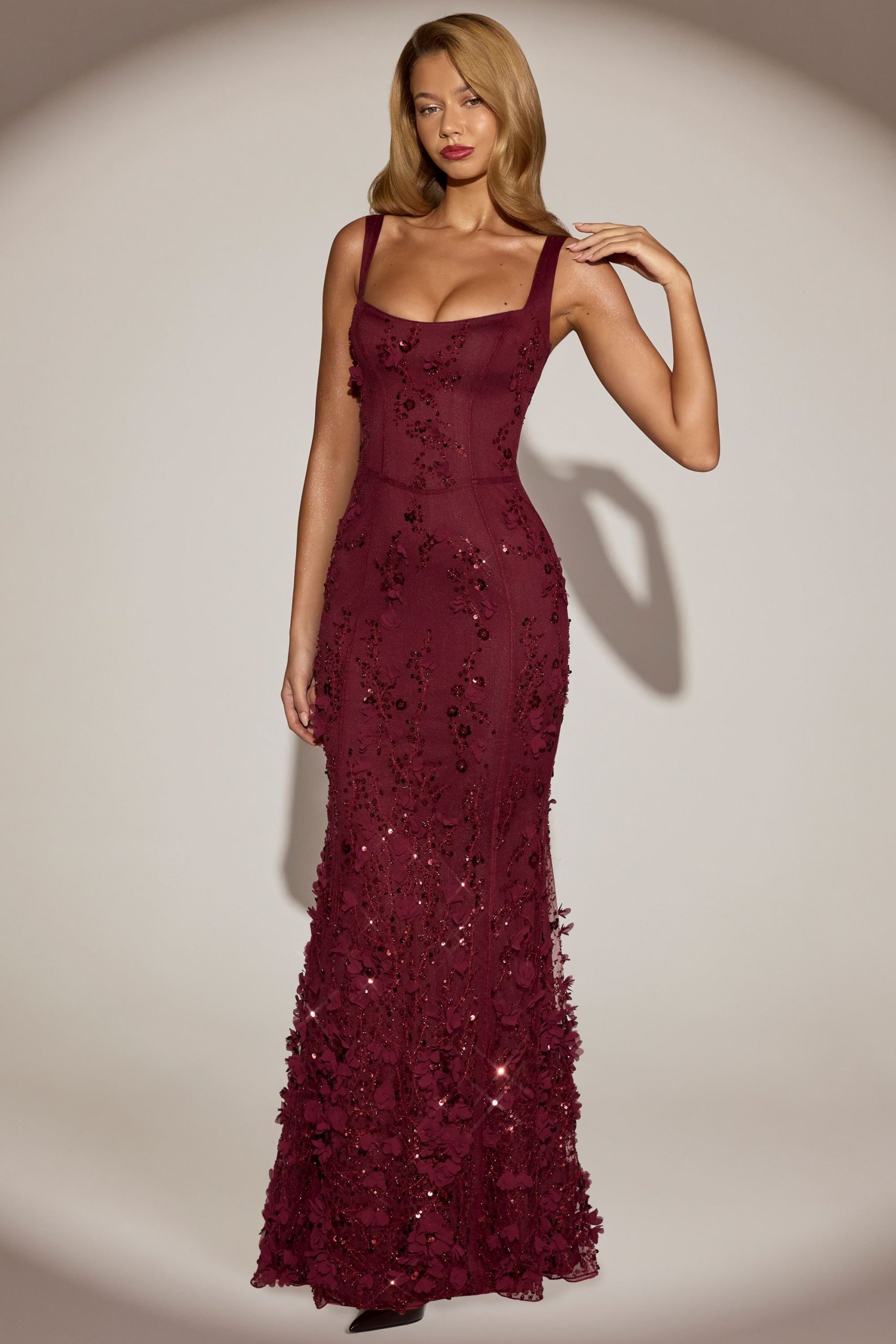 Embellished Appliqué Soft-Scoop Corset Gown in Wine Red - Image 8