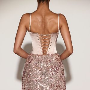 Satin Corset Embellished Skirt Mini Dress in Rose Gold - Image 2