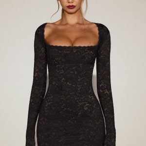Scalloped-Lace Long-Sleeve Mini Dress in Black - Image 7
