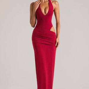 Deep Plunge Halterneck Maxi Dress in Cherry Red - Image 6