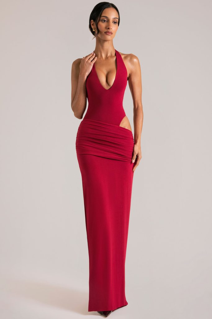 Deep Plunge Halterneck Maxi Dress in Cherry Red