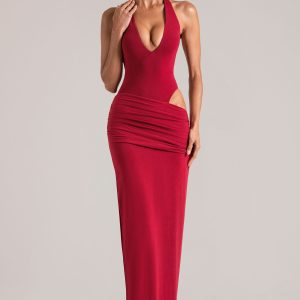 Deep Plunge Halterneck Maxi Dress in Cherry Red - Image 7