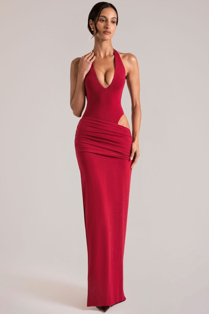 Deep Plunge Halterneck Maxi Dress in Cherry Red
