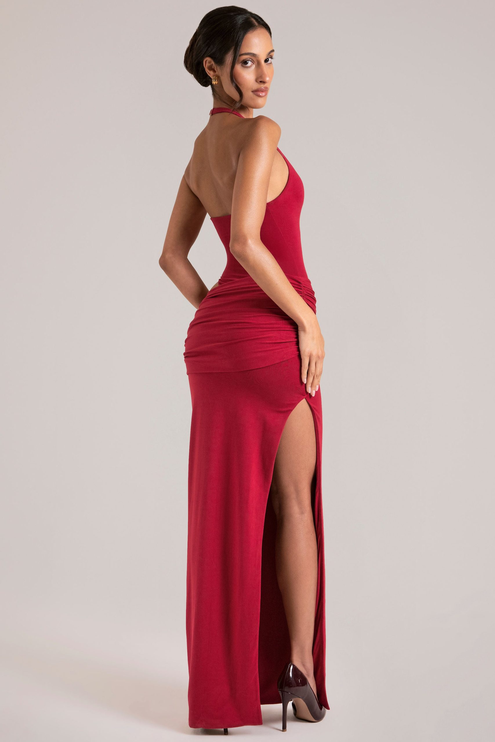 Deep Plunge Halterneck Maxi Dress in Cherry Red - Image 2