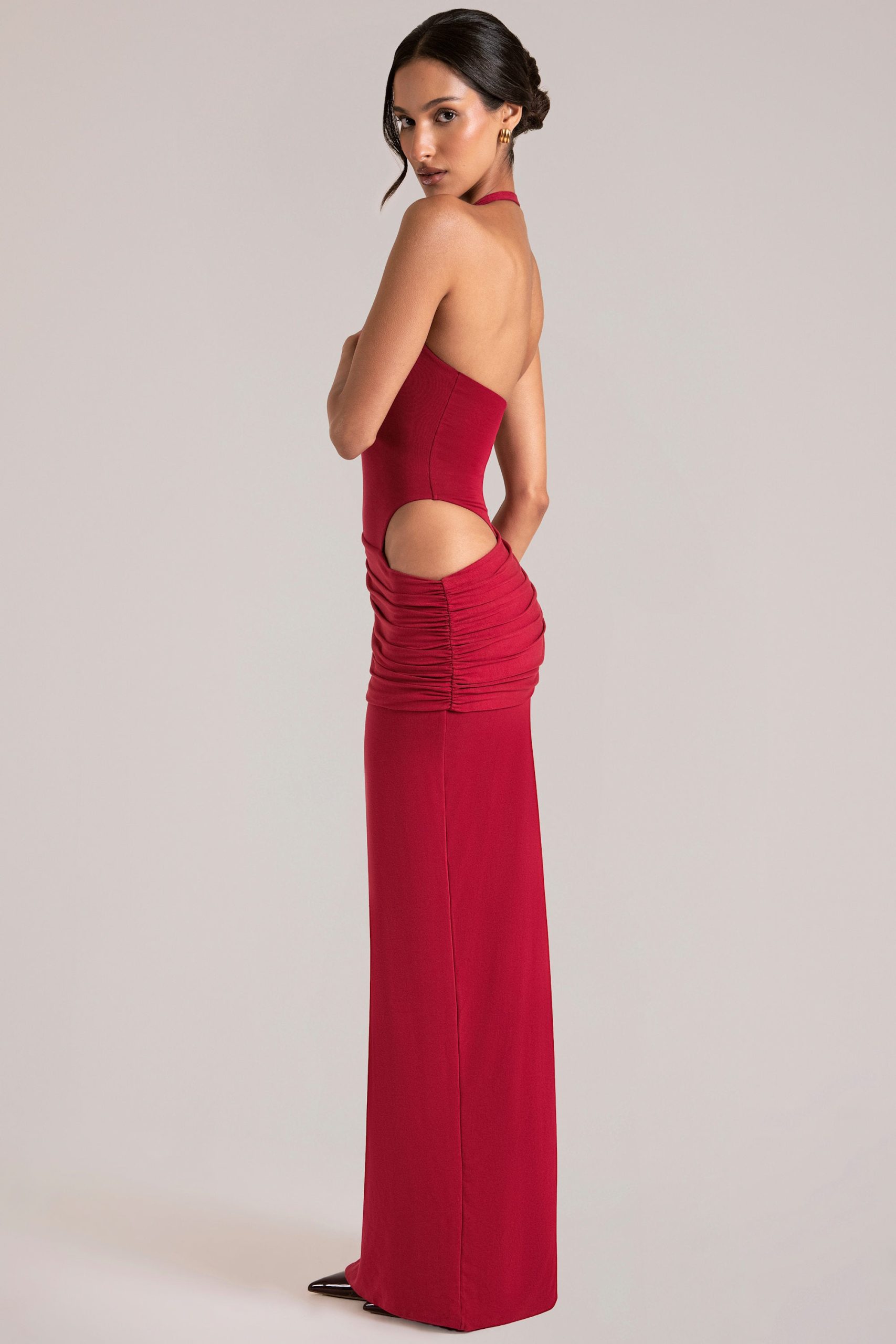 Deep Plunge Halterneck Maxi Dress in Cherry Red - Image 5