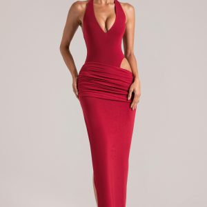 Deep Plunge Halterneck Maxi Dress in Cherry Red - Image 8