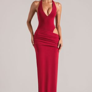 Deep Plunge Halterneck Maxi Dress in Cherry Red - Image 1