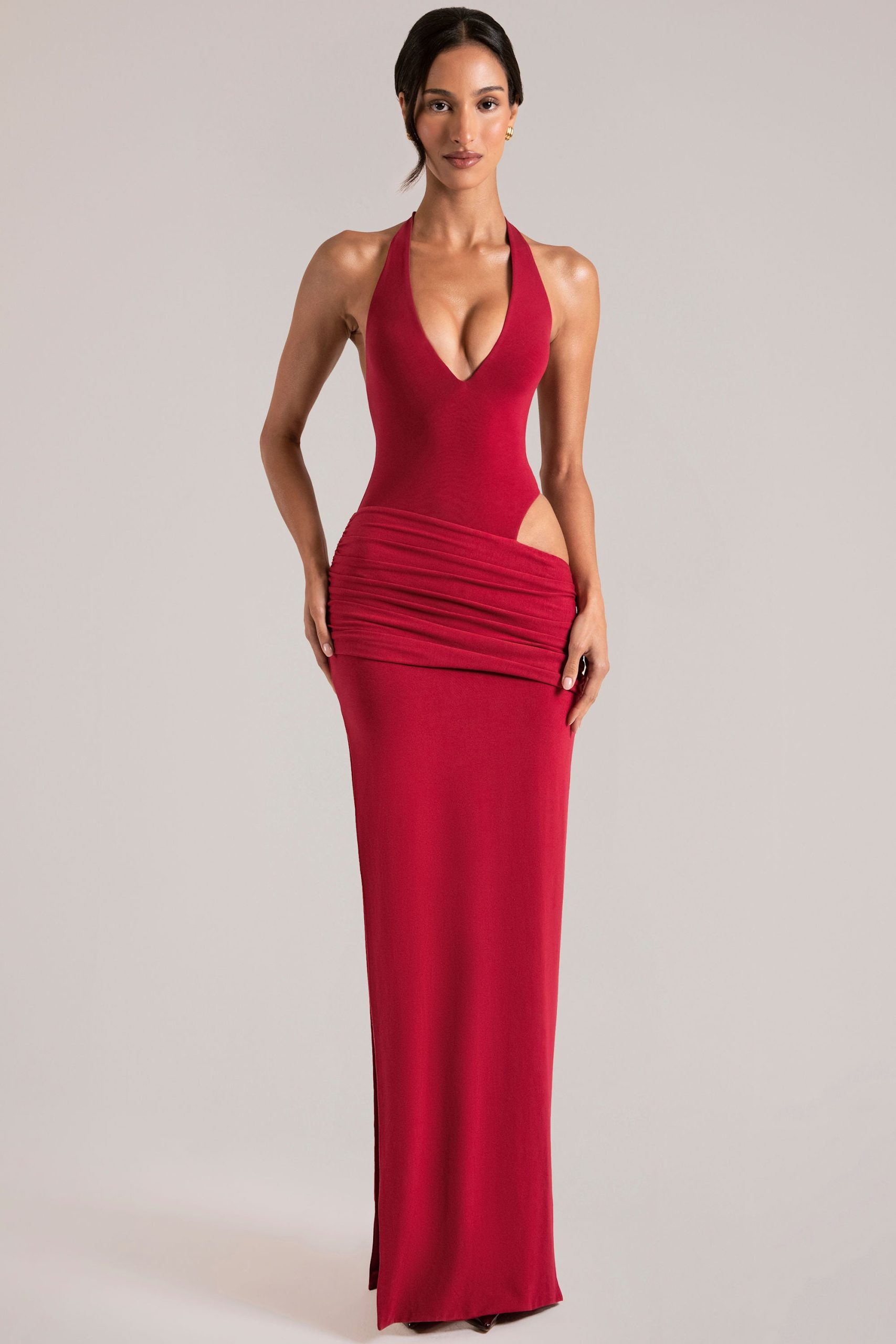 Deep Plunge Halterneck Maxi Dress in Cherry Red - Image 1
