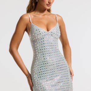 Embellished V-neck A-Line Mini Dress in Silver - Image 1