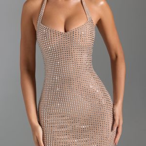 Embellished Halterneck Mini Dress in Honey - Image 3