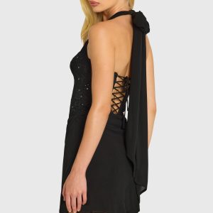 Sequin Lace Corset Mini Dress in Black - Image 2