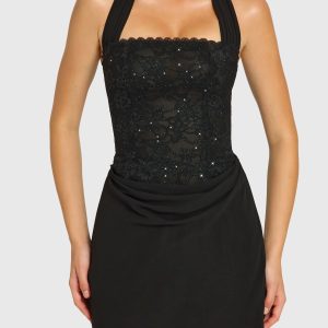 Sequin Lace Corset Mini Dress in Black - Image 4
