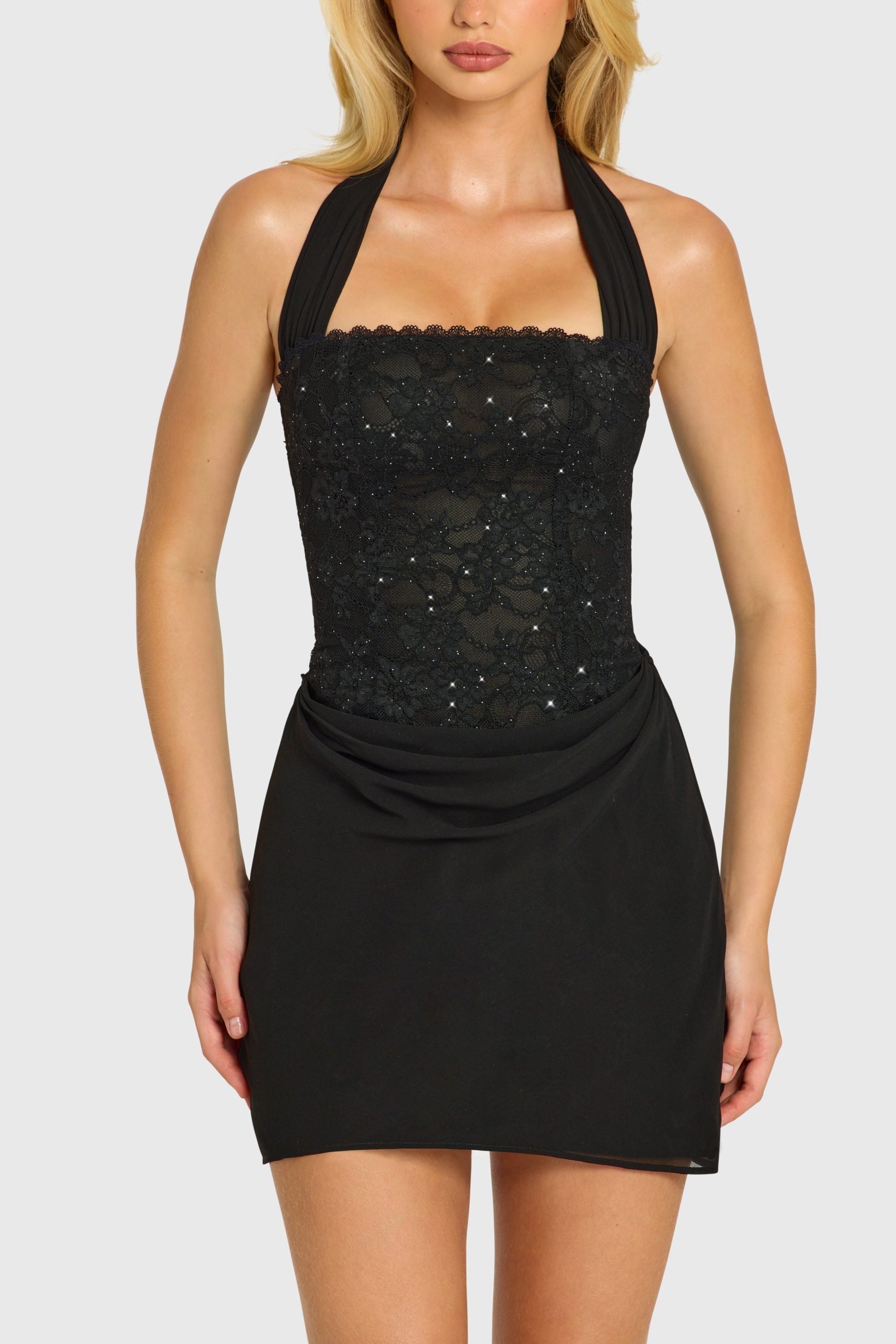 Sequin Lace Corset Mini Dress in Black - Image 4