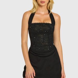 Sequin Lace Corset Mini Dress in Black - Image 5