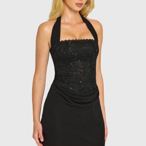 Sequin Lace Corset Mini Dress in Black - Image 6