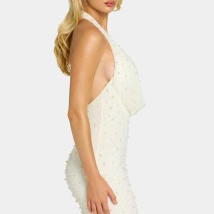 Deep Plunge Embellished Mini Dress in White - Image 4