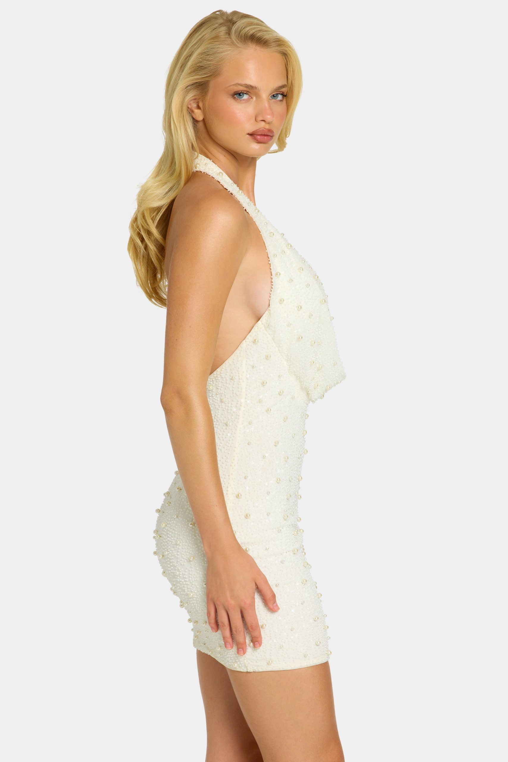 Deep Plunge Embellished Mini Dress in White - Image 4