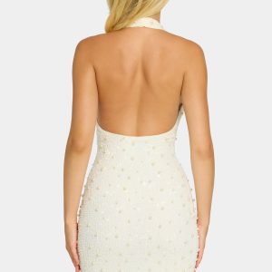 Deep Plunge Embellished Mini Dress in White - Image 7