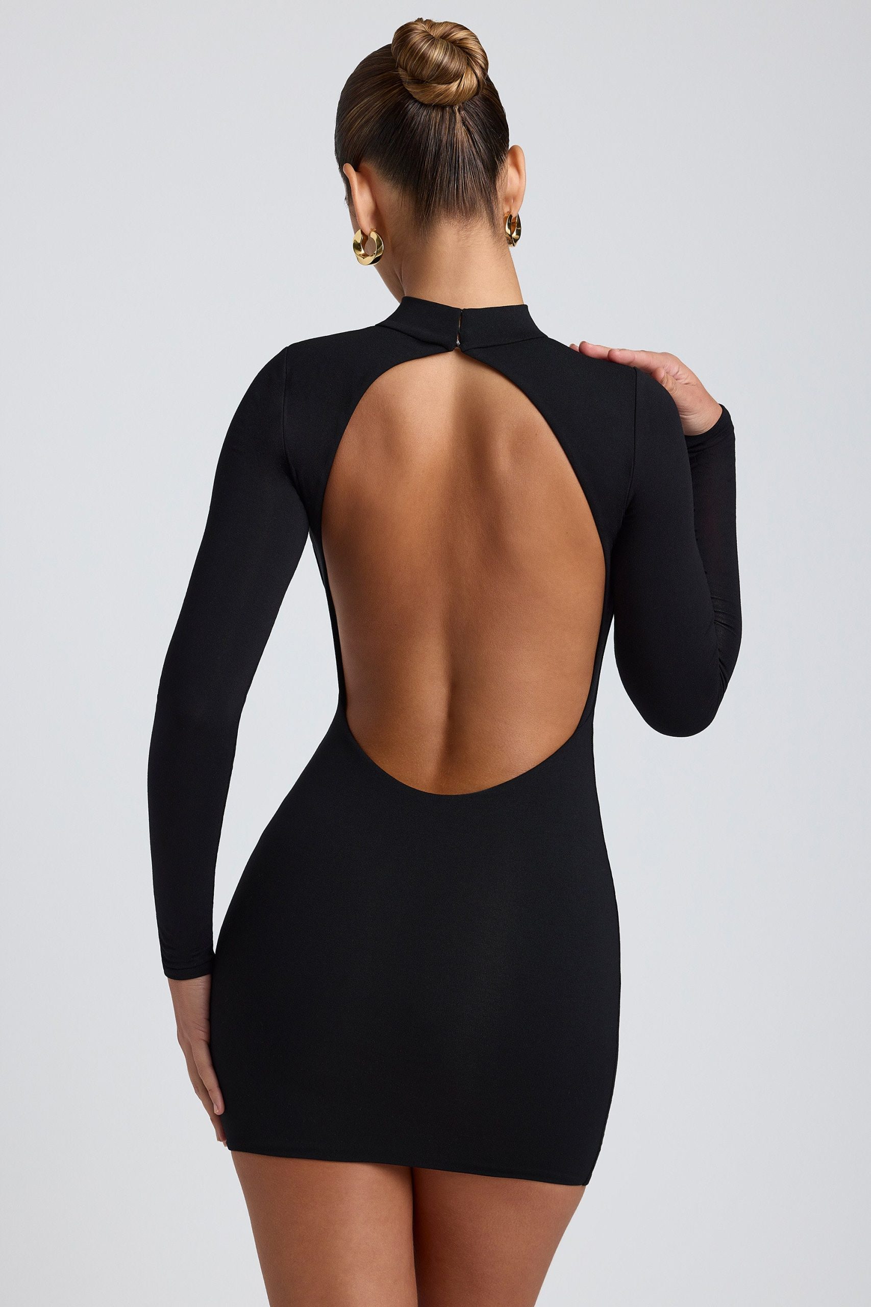 Modal Open-Back Long-Sleeve Mini Dress in Black - Image 1