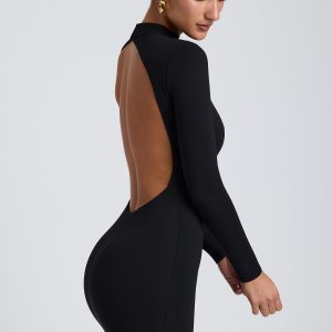 Modal Open-Back Long-Sleeve Mini Dress in Black - Image 3
