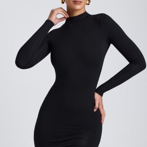 Modal Open-Back Long-Sleeve Mini Dress in Black - Image 5
