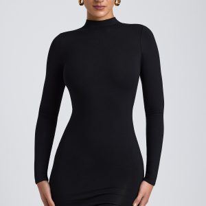 Modal Open-Back Long-Sleeve Mini Dress in Black - Image 7
