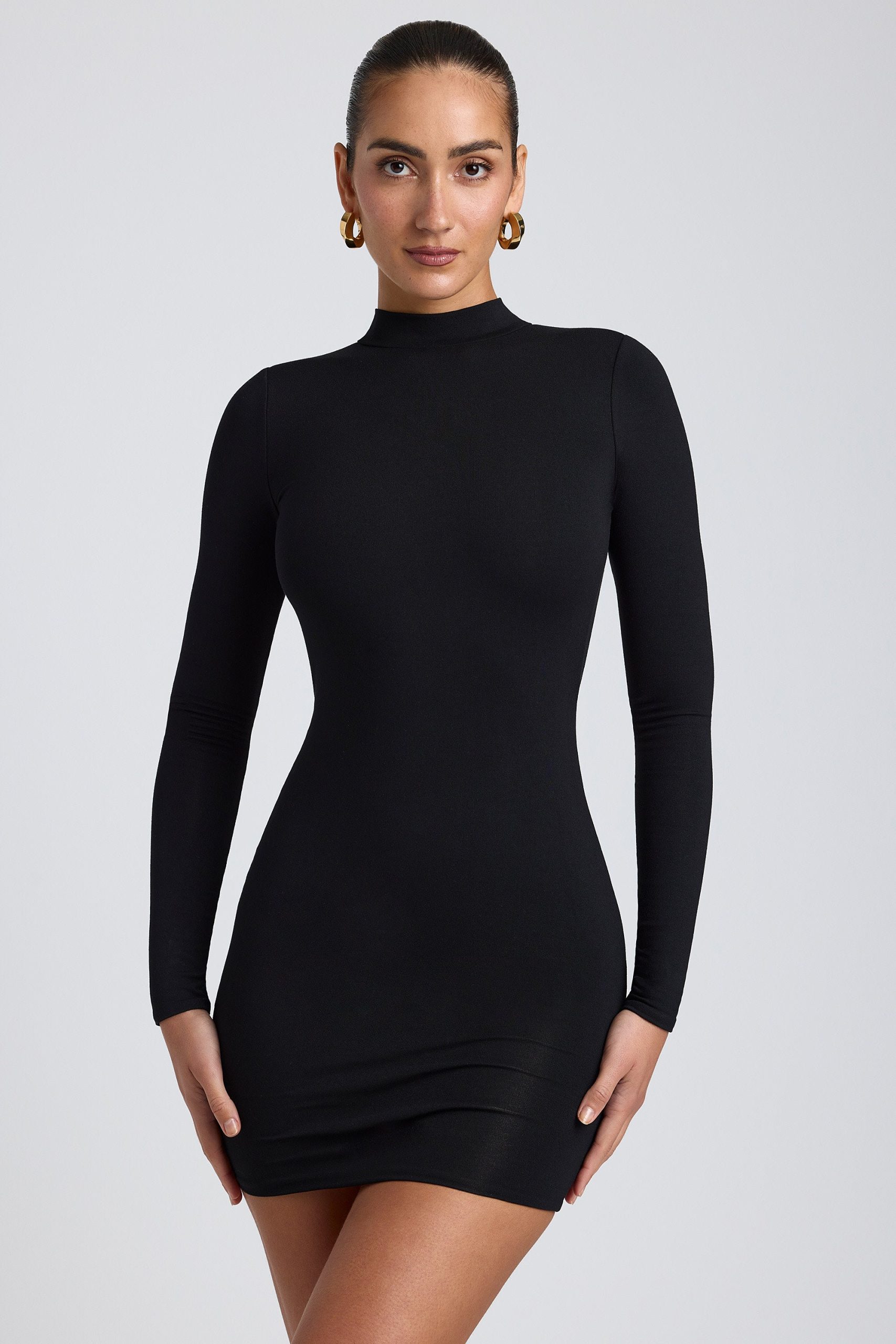 Modal Open-Back Long-Sleeve Mini Dress in Black - Image 7